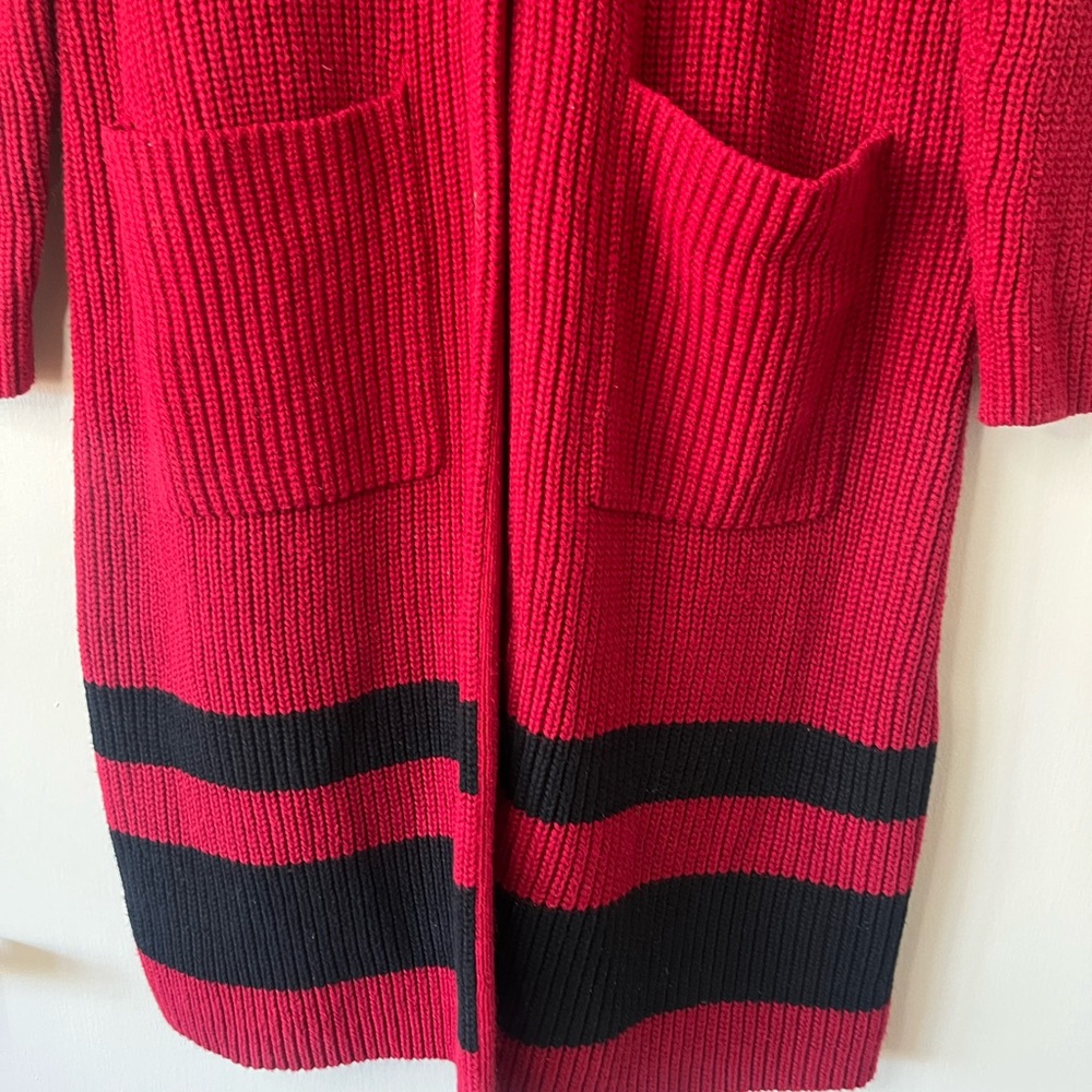 Lauren Ralph Lauren Red Black Stripe Knit Sweater Coat Cardigan Cotton - Picture 4 of 9